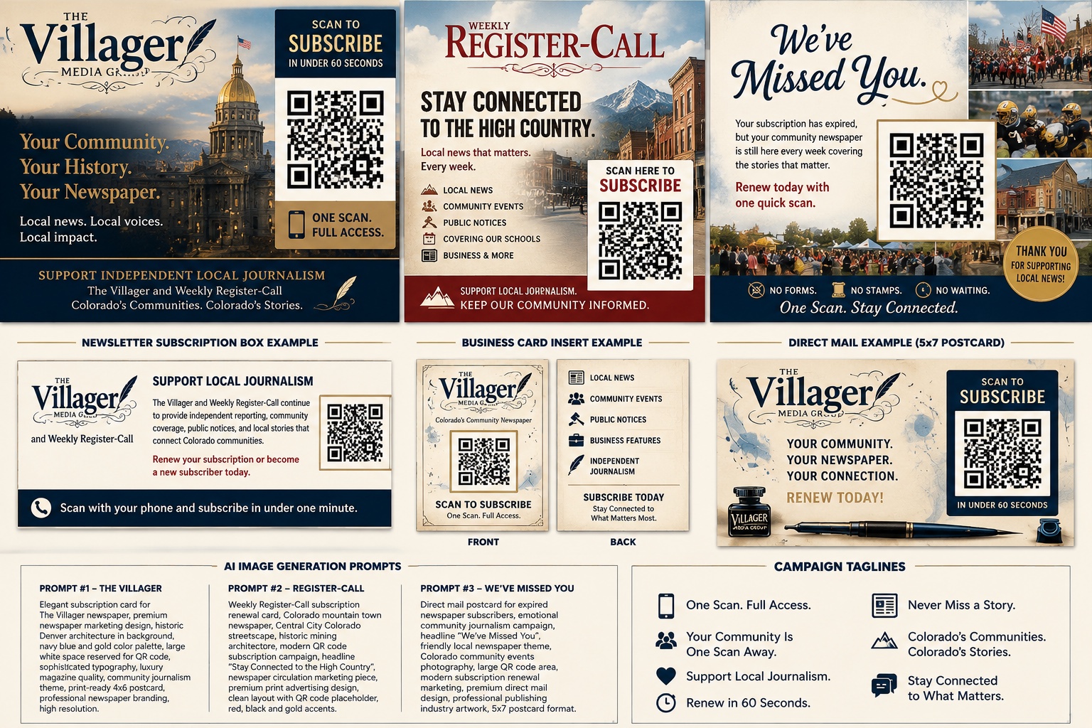 A collection of Villager and Weekly Register-Call subscription card designs featuring QR codes, renewal messages, newsletter inserts, and direct-mail concepts.
